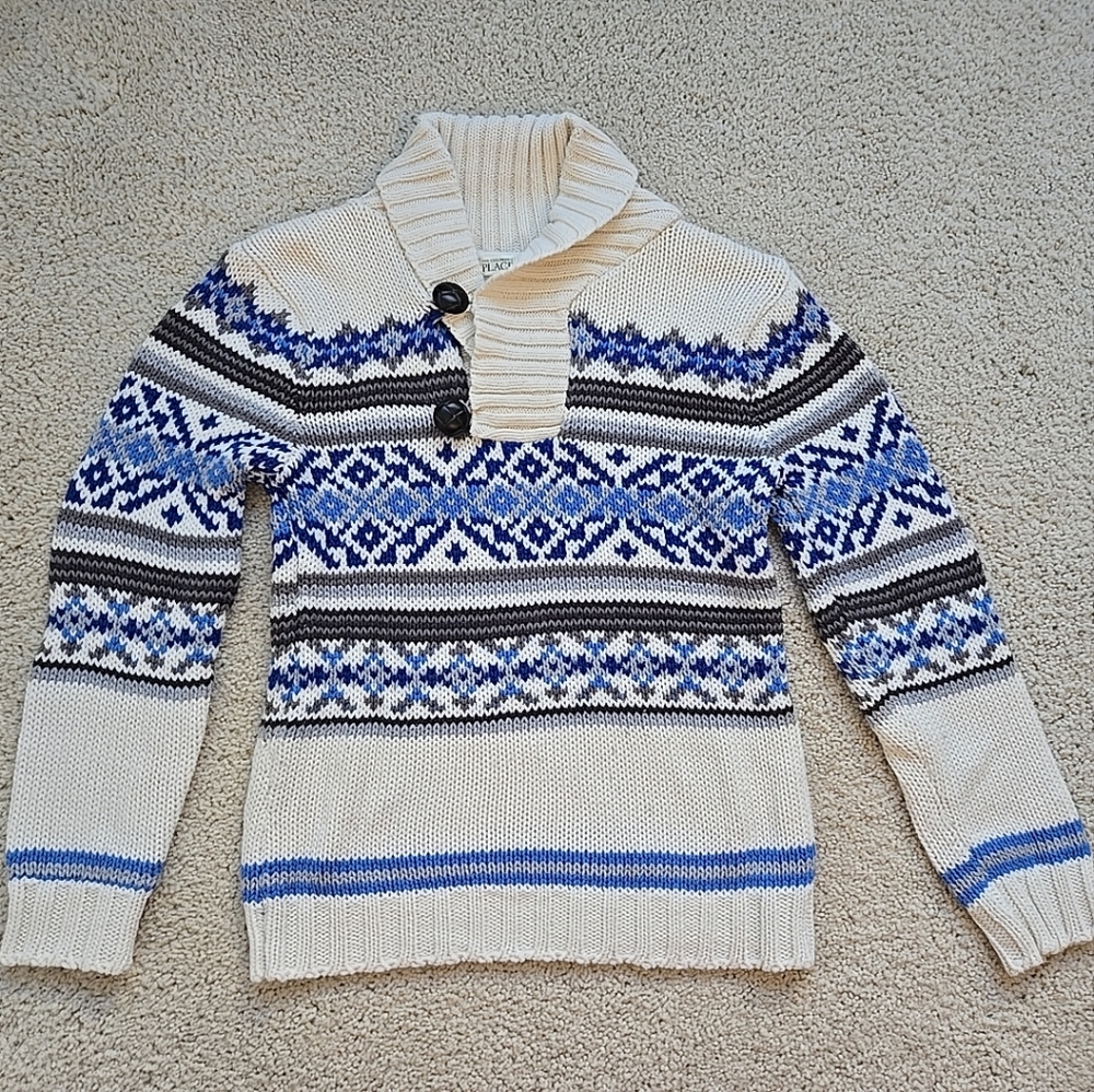 The Children's Place White/Blue Fair Isle Button Collar Sweater